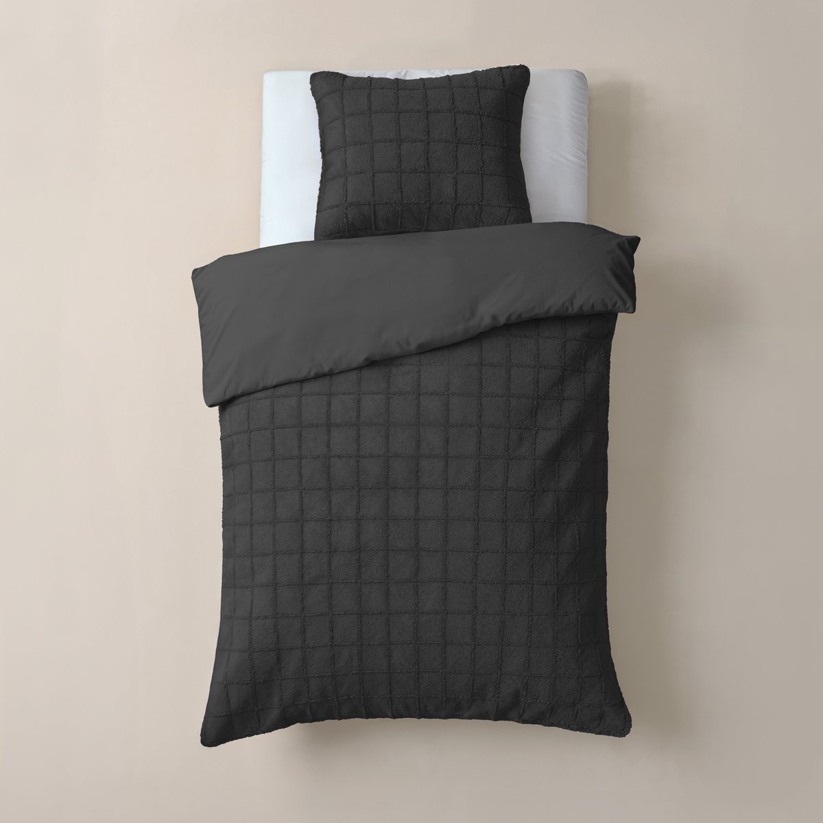 Sleeptime Furry Check Dekbedovertrek - Eenpersoons - 140X200/260 + 1 x kussensloop 60x70 - Zwart