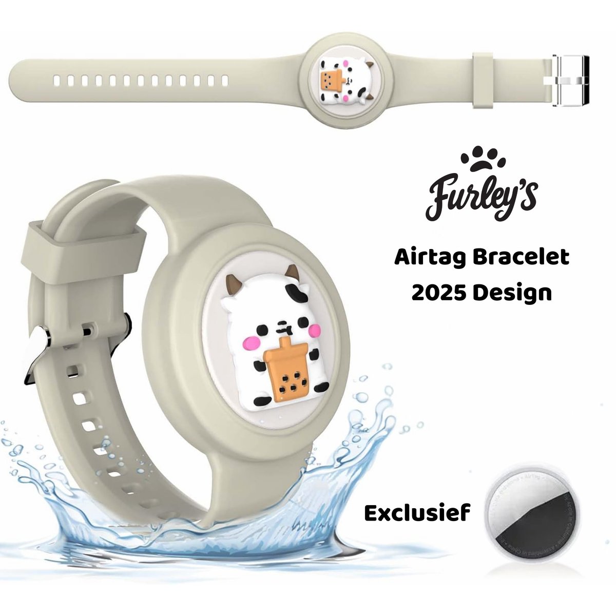 Waterdichte AirTag Armband voor Kinderen - Geschikt voor Apple AirTag - Airtag-sleutelhanger - Airtag Houder - Verstelbare Siliconen Tracker Houder - 2025 Design - Veilig Comfortabel - Grijze Koe