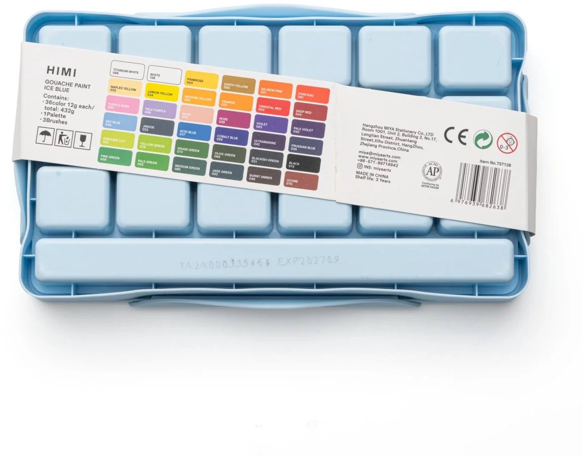 HIMI - Gouache - Twin split cups - set van 36 kleuren - 12g - 3 penselen - Ice Blue — afbeelding 10