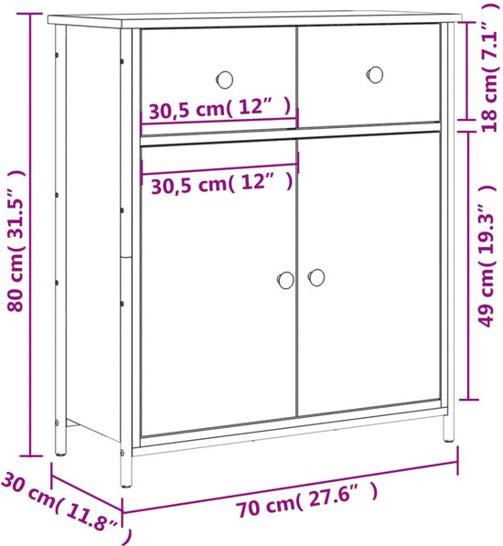 Buffet vidaXL - Commodes - Meuble de rangement - Armoire murale - Buffet 70 x 30 x 80 cm Bois traité Gris Sonoma