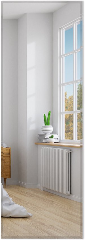 Een smalle staande spiegel weerspiegelt een slaapkamer met een raam en verwarming.