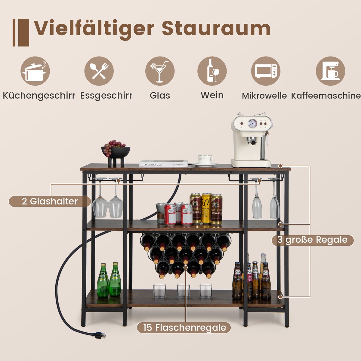 COSTWAY Wijnrek met glazen houder en planken, 3 niveaus, flessenrek met stopcontacten, voor 15 wijnflessen, industri毛le en vrijstaande wijnkast voor thuis, keuken, bar, 113 x 35 x 85 cm — cadeau in Cadeau-ideeën - foto 5