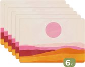 Placemats - 6 stuks - 45x30 cm - Placemat kunststof - Heuvels - Oranje - Zon - Abstract - Borden onderleggers - Decoratie voor op tafel - Keuken tafeldecoratie accessoires - Vinyl onderlegger - Tafelversiering