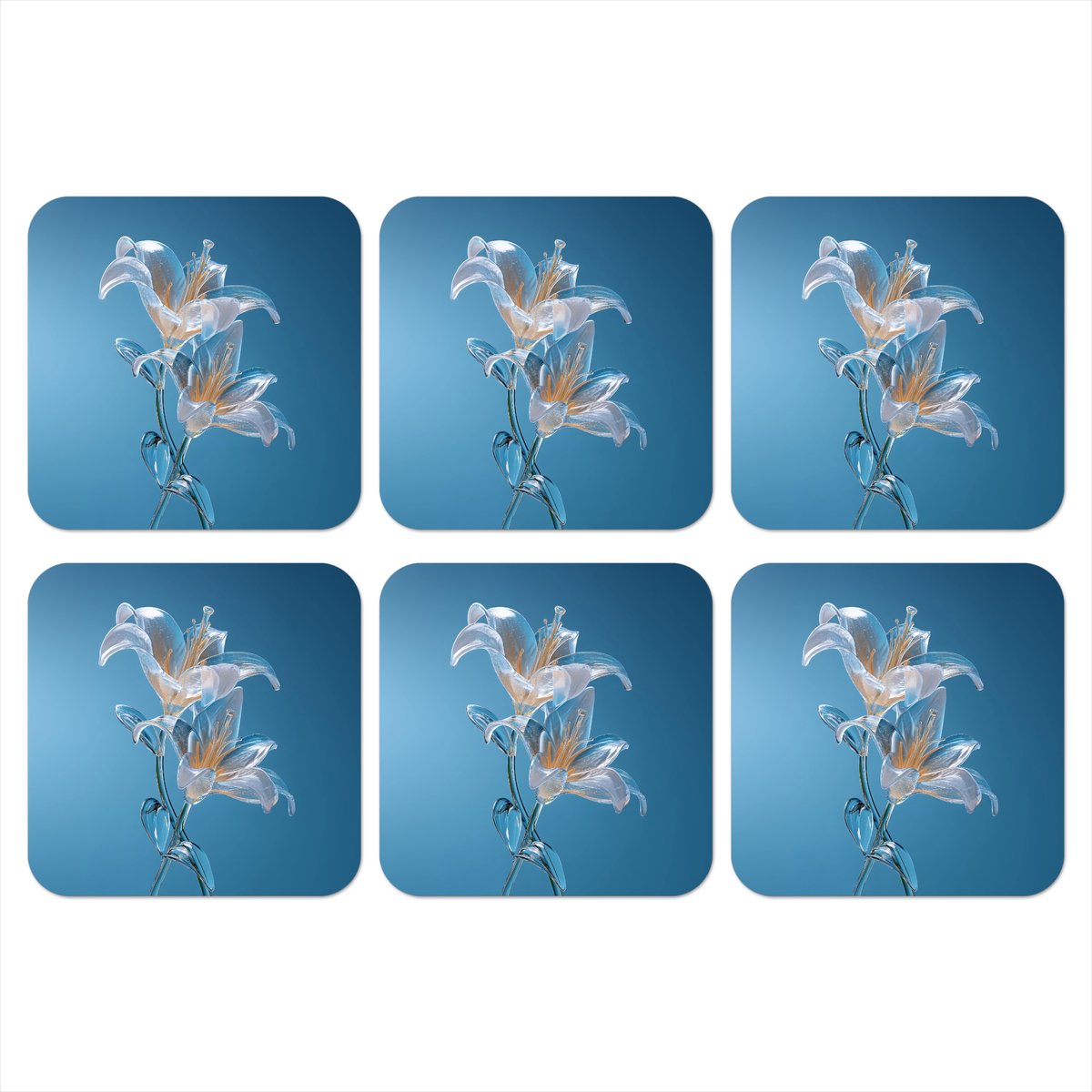 Onderzetters voor glazen - Lelies - Blauw - Glazen - 10x10 cm - Glasonderzetters - 6 stuks