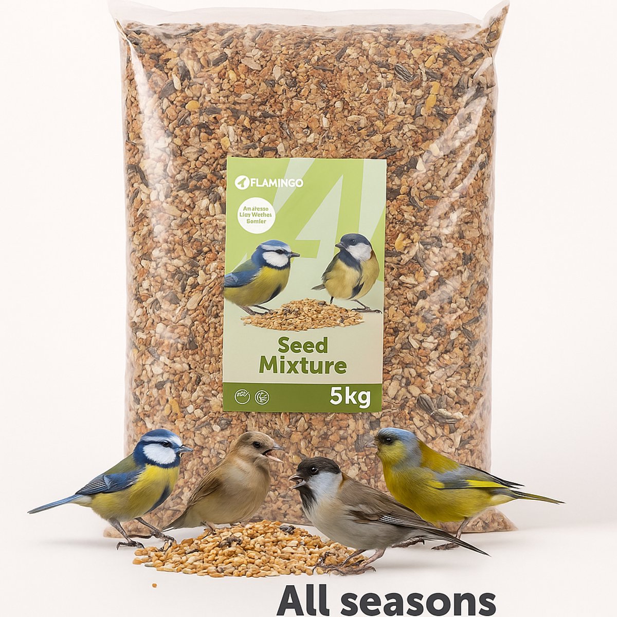 Vogelvoer – Flamingo Four Seasons Zaadmengsel – buitenvogels – 5 kg – natuurlijk zaadmengsel voor tuinvogels – geschikt voor elk seizoen – Europese kwaliteit