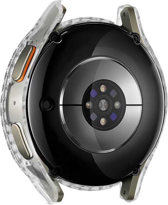 Transparante hoes met glitterrand, onderkant van een smartwatch.