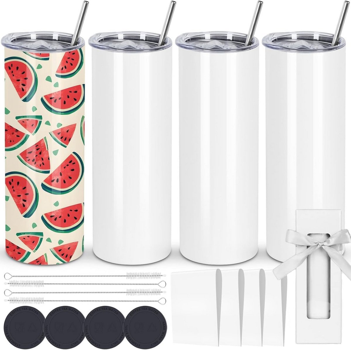 Image of 4 stuks rechte sublimatiedrukken 600 ml roestvrijstalen dubbelwandige geïsoleerde bekers, blanco wit met deksel en rietje, inclusief geschenkdoos en polymeercoating voor warmteoverdracht