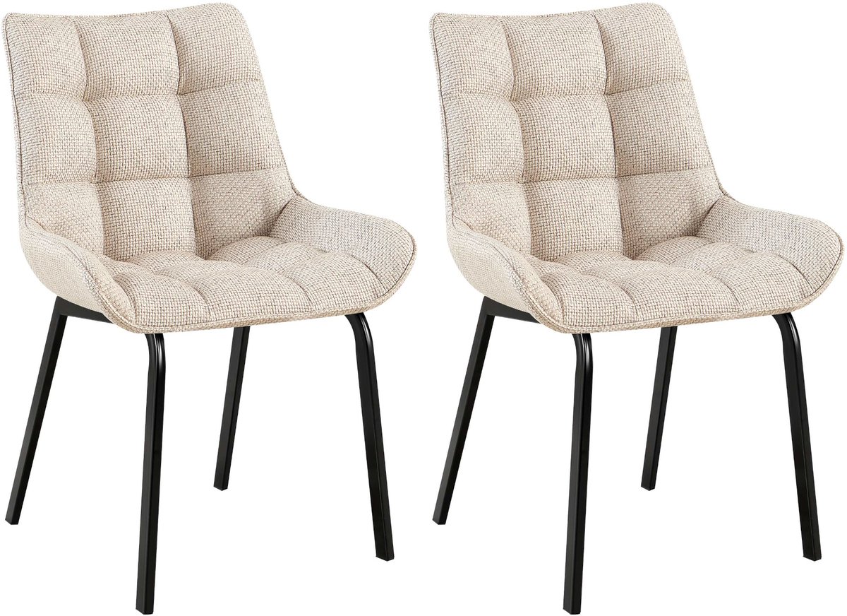 CLP Saranda Set van 2 eetkamerstoelen - klassiek - met zwart metalen frame - met rugleuning - Stof/ivoor