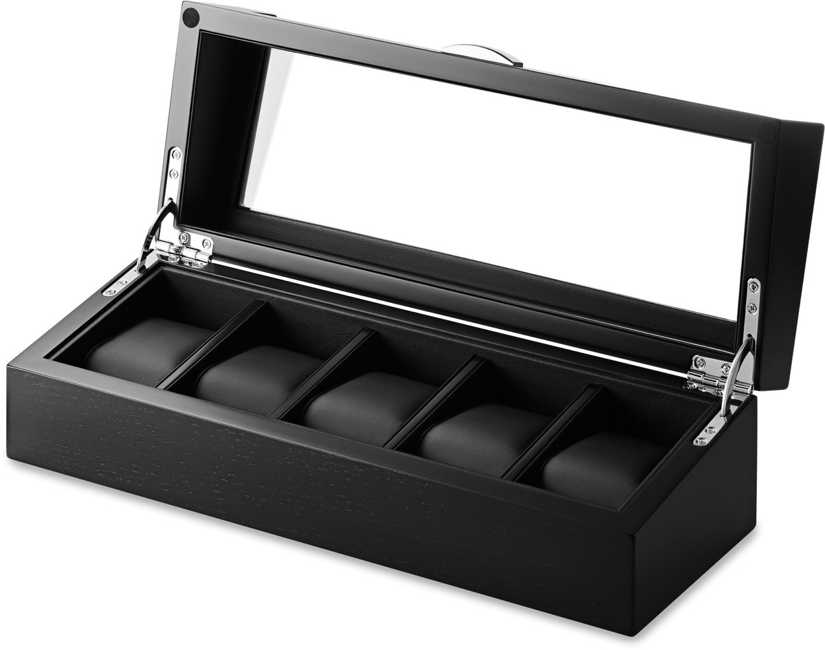Zwarte Fineer Horloge Displaybox met 5 Vakken