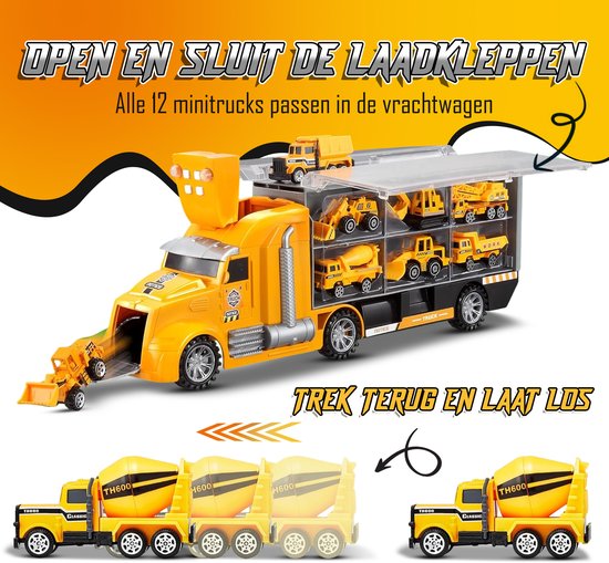 Oranje vrachtwagen vol met gele mini bouwvakkers en voertuigen, met animaties die de bediening laten zien.