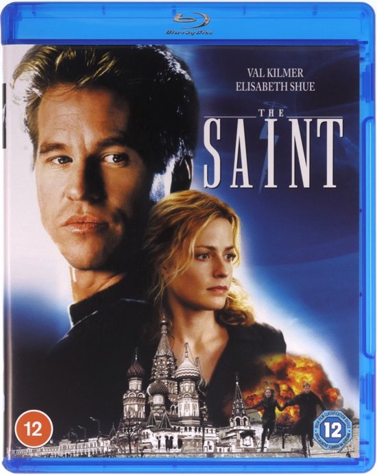 Val Kilmer en Elisabeth Shue op de poster van The Saint, met op de achtergrond een gebouw en een explosie.