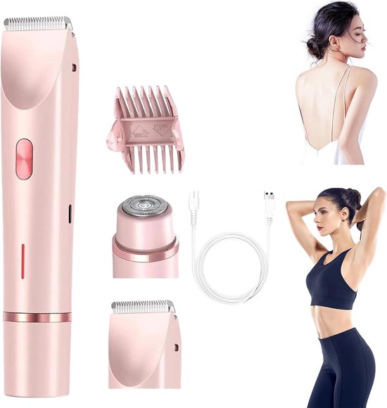 Rasoir électrique 2 en 1 pour femme - Étanche - Épilateur - Tondeuse bikini - Rose