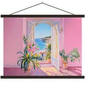 Posterhanger incl. Poster 120x90 cm - Schoolplaat - Roze - Buiten - Verf - Textielposter - Zwarte latten