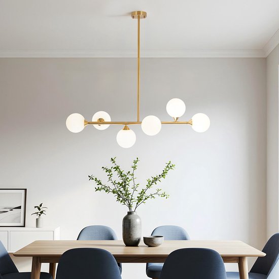 Design plafondlamp goud met melkwit glas, 6-licht - Aster