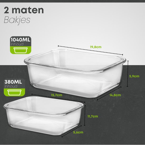 Twee lege glazen Savoré Kitchen bakjes, met afmetingen aangegeven: 1040ml (19,8cm x 14,8cm x 5,9cm) en 380ml (15,7cm x 11,7cm x 5,6cm).