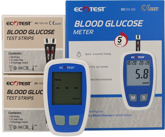 Bloedglucosemeter Startpakket + 100 Teststrips en Lancetten - Bloedsuikermeter - Draagtasje en Batterij Inbegrepen - Makkelijk Thuis Testen - Glucosemeter