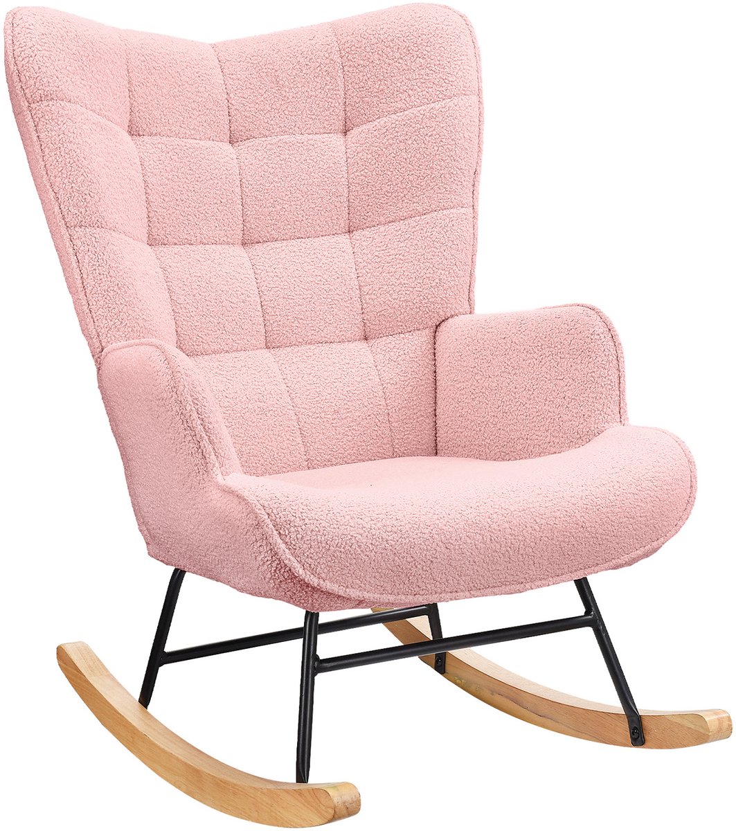 Schommelstoel, Verpleegstoel in pluche stof, Schommelstoel met hoge rug, Massief houten en metalen frame, Roze