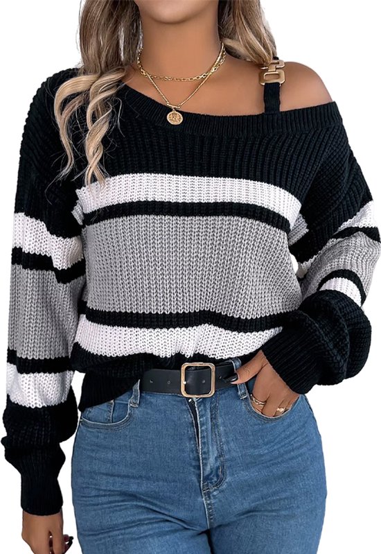 Oversized trui voor dames Ruimvallende grote maten truien Los gebreid Off- shoulder Comfort gebreide trui Ronde hals Pullover Paars S