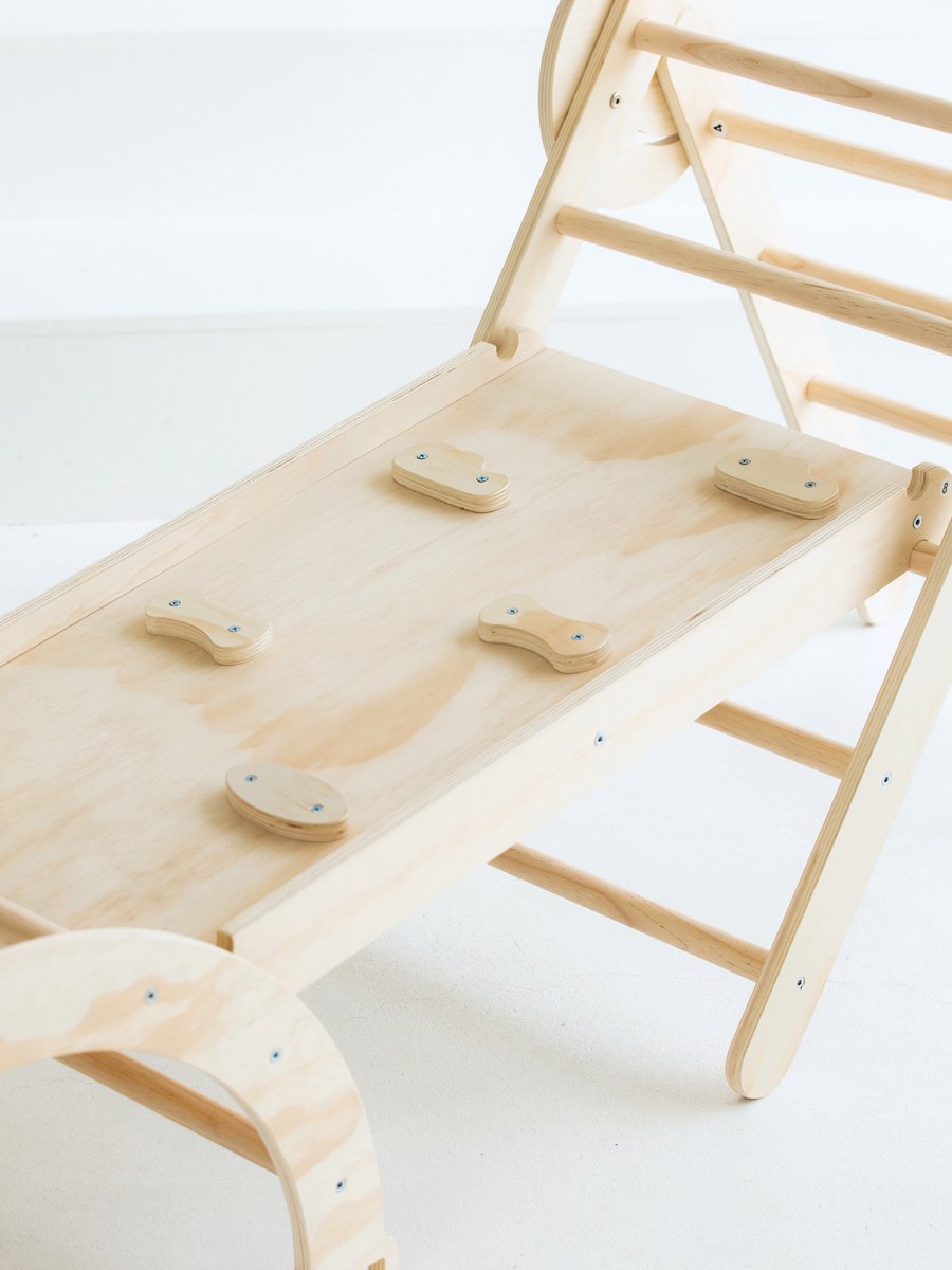 Buxibo Mini Klimrek – Houten Klimrek met Klimboog & Klimhelling met Glijbaan – Montessori Speelgym voor Binnen – 176x47x68 cm – Naturel — afbeelding 4