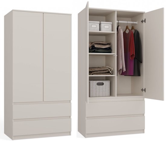 Kledingkast creme 90 cm met legplanken en roedestang Creme