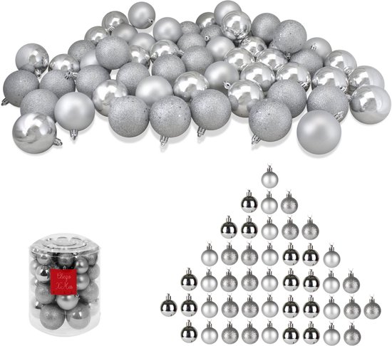Ensemble de Boules de Noël Cheqo® XL - Set de boules de Noël argentées - 44 pièces - Plastique incassable - Argent