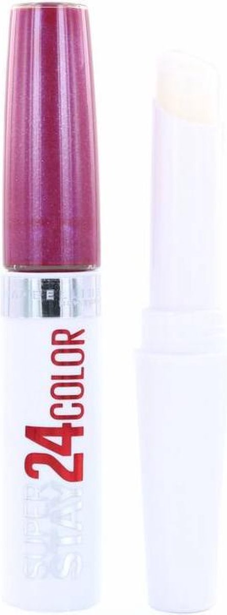 Witte lippenstiftverpakking met paarse dop, 'Super Stay 24 Color' in rood.