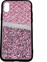 Kaarthouder glitter roze case geschikt voor Apple iPhone X / Xs + glazen screen protector