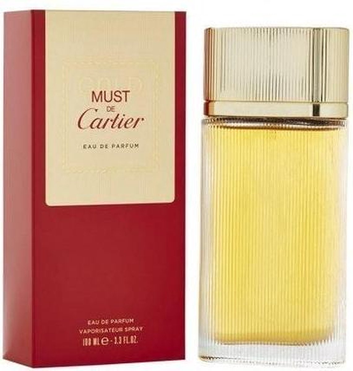 Rode parfumfles met geribbelde textuur en goudkleurig geribbelde dop. "Must de Cartier" logo.