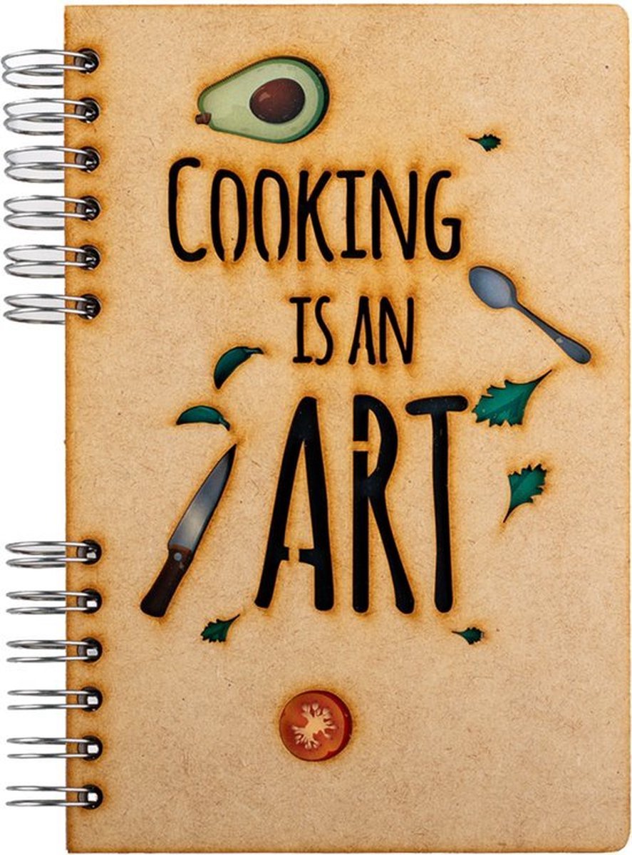 KOMONI - Duurzaam houten Schetsboek - Gerecycled papier - Navulbaar - A5 - Blanco - Receptenboek - Cooking is an Art