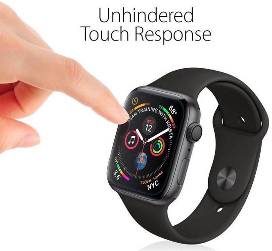 Zwarte Apple Watch met de tekst "Unhindered Touch Response".