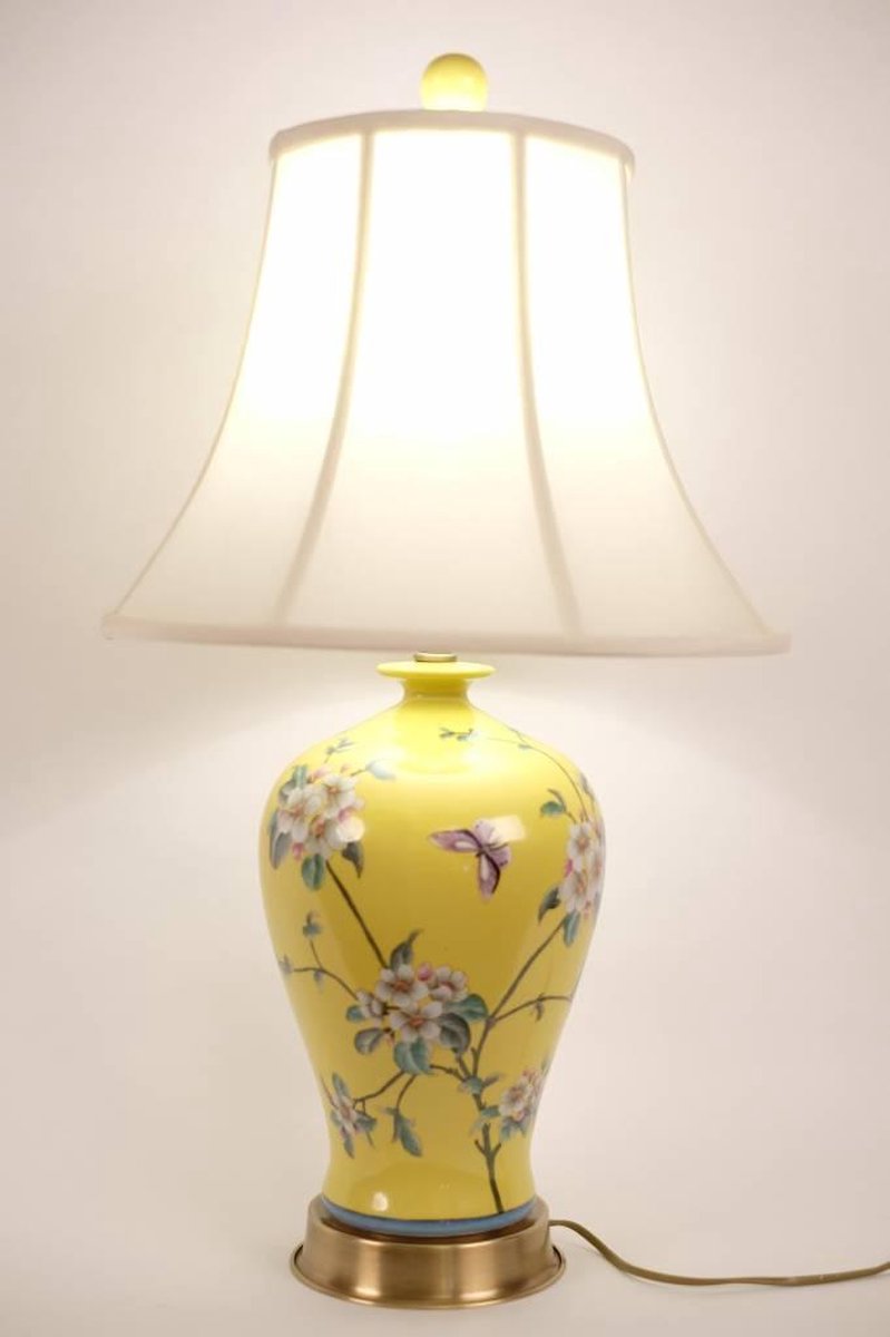 Fine Asianliving Oosterse Tafellamp Porselein Handbeschilderd Geel