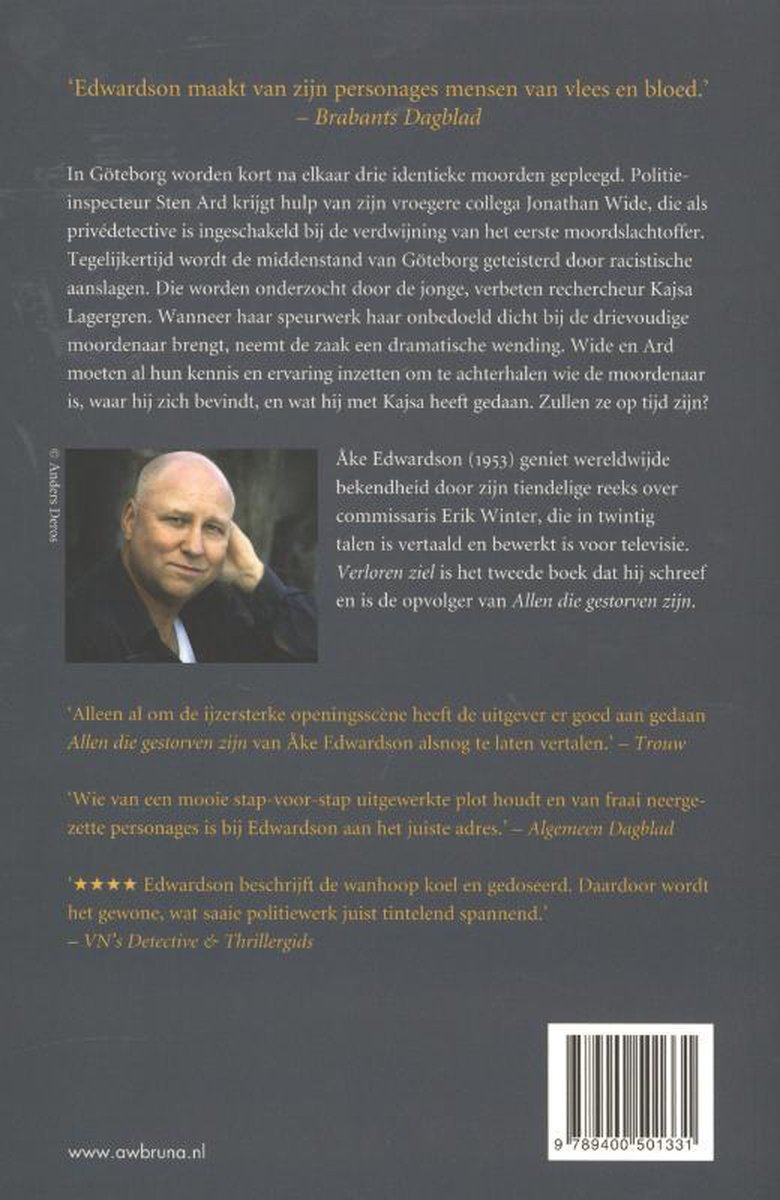 Quatrième de couverture du livre 'Verloren Ziel' avec une photo de Åke Edwardson et des critiques.