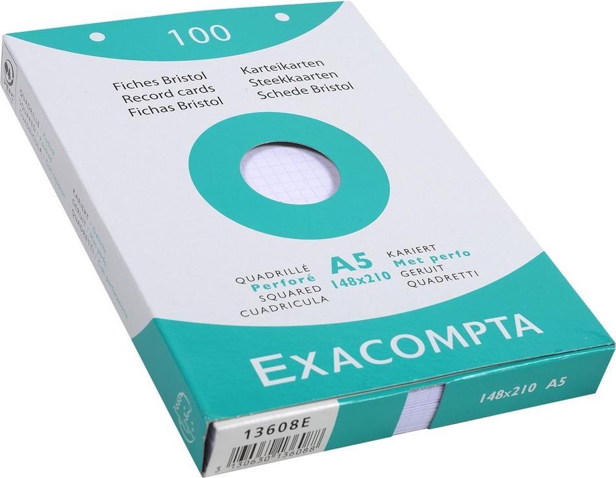 Exacompta etui 100 steekkaarten bristol geruit 5x5 geperforeerd 148x210mm - Wit - 13608E