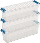 3x Sunware Q-Line opberg boxen/opbergdozen 1,3 liter 27 x 8,4 x 9 cm kunststof - Langwerpige/smalle opslagbox - Opbergbak kunststof transparant/blauw