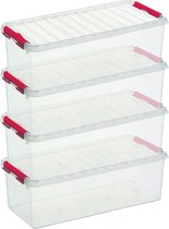 4x Sunware Q-Line opberg boxen/opbergdozen 9,5 liter  48,5 x 19 x 14,7 cm kunststof - Langwerpige/smalle opslagbox - Opbergbak kunststof transparant/rood