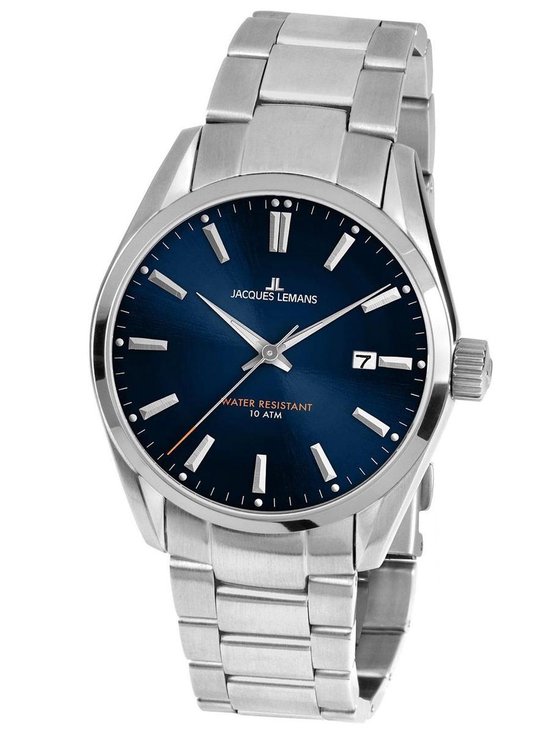 Zilverkleurig Jacques Lemans horloge met roestvrijstalen band, diepblauwe wijzerplaat, datumaanduiding en 10 ATM-markering.