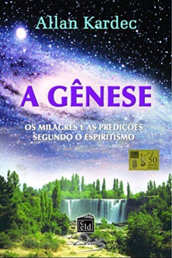 Livre "A Gênese" par Allan Kardec, avec une scène cosmique et une cascade.