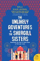 Boekcover met de titel "The Unlikely Adventures of the Shergill Sisters" in witte letters op een blauwe achtergrond met een patroon. Drie vrouwen staan onderaan.