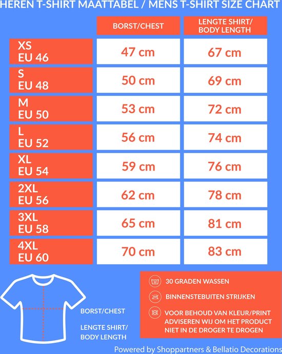 Maattabel voor heren T-shirts met maten en afmetingen in cm.