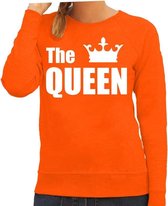 The queen sweater / trui oranje met witte letters en kroon voor dames - Koningsdag - fun tekst truien / Hollandse sweaters L