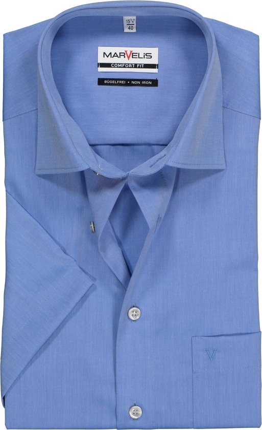 MARVELIS Comfort Fit overhemd - korte mouw - blauw - Strijkvrij - Boordmaat: