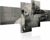 Schilderij - Hond bij grammofoon, 4 luik, Zwart/wit, 2 maten, Premium print