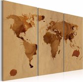 Schilderij - Wereldkaart - De Wereld beschilderd met koffie, Bruin, 3luik , premium print op canvas