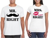Mr. Right  & Mrs. Always Right koppel t-shirts wit maat L