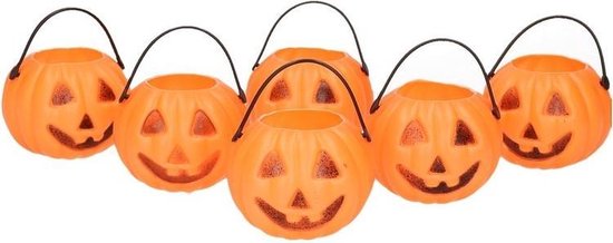 Halloween - 6x Halloween mini pompoen emmers 5 cm - Halloween decoratie/versiering/accessoires - Traktatie emmertjes