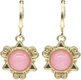 Dielay - Oorbellen Bedel met Roze Steen - Oorhangers - 3x1,5 cm - Goudkleurig