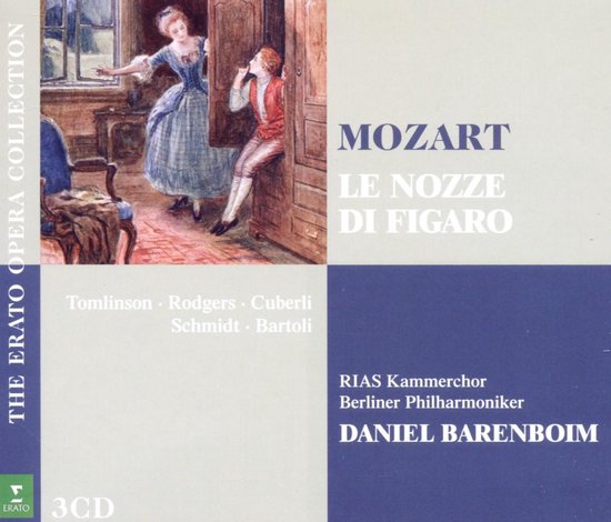 Cover van de opera 'Le Nozze di Figaro' door Mozart, met een schilderij van een vrouw en jongen bij een kast.