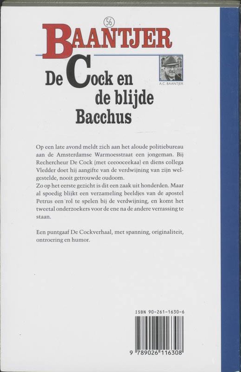 Achterkant boekcover 'Baantjer 56 - De Cock en de blije Bacchus'. Inclusief ISBN en tekst.