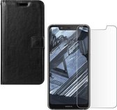 Nokia 5.1 Plus Portemonnee hoesje zwart met 2 stuks Glas Screen protector