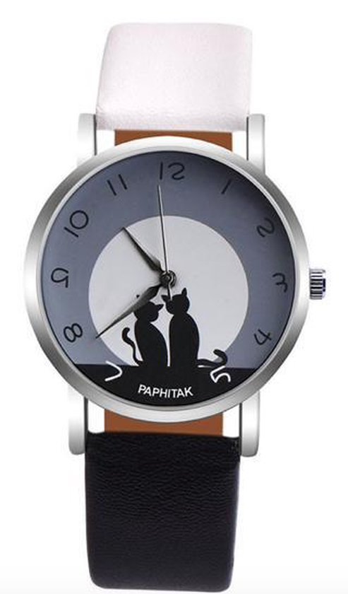 Hidzo Horloge Paphitak Katten - Ø 37 mm - Zwart/Wit - Kunstleer - In Horlogedoosje